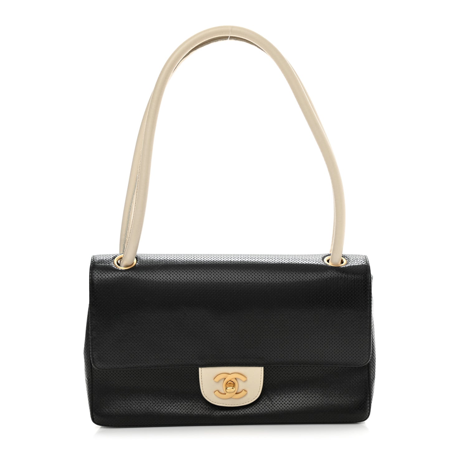 Lambskin Perforated Medium Single Flap Bag Black White