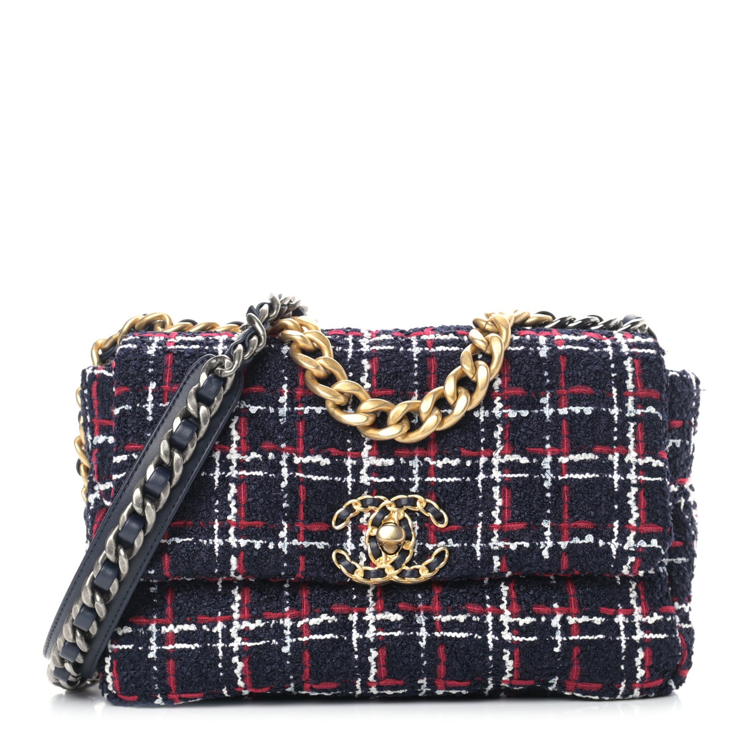 Tweed Quilted Medium Chanel 19 Flap Navy Blue White Red