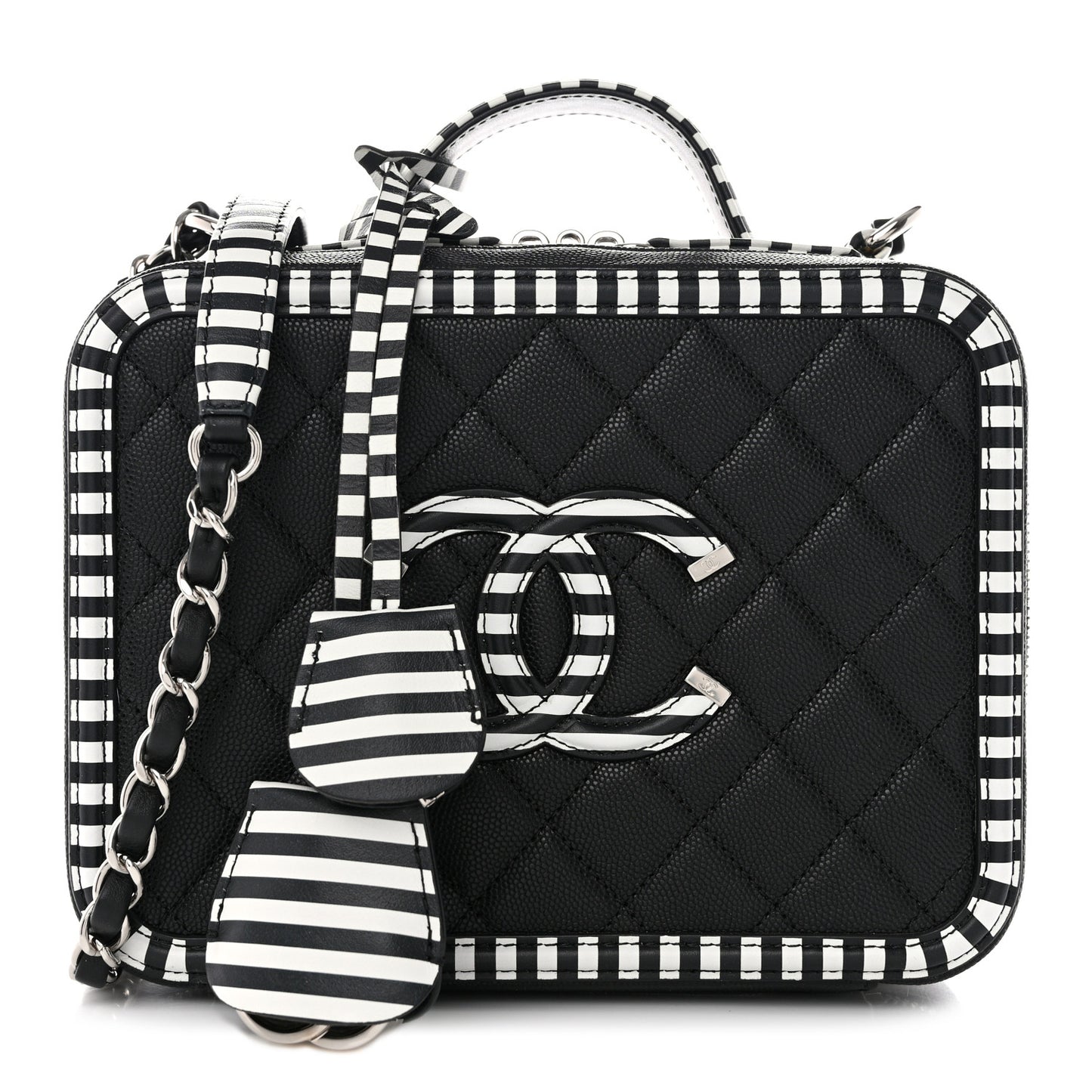 Caviar Quilted Striped Medium CC Filigree Vanity Case Black White