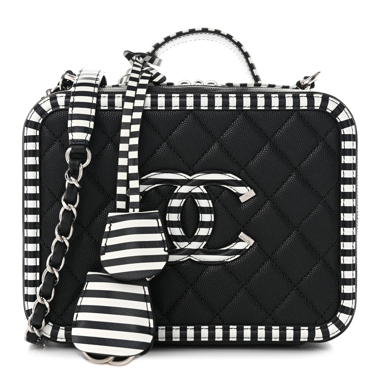 Chanel Caviar Quilted Striped Medium CC Filigree Vanity Case Black White 1 of 10