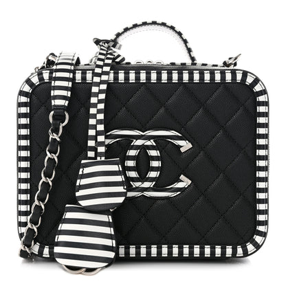 Chanel Caviar Quilted Striped Medium CC Filigree Vanity Case Black White 1 of 10