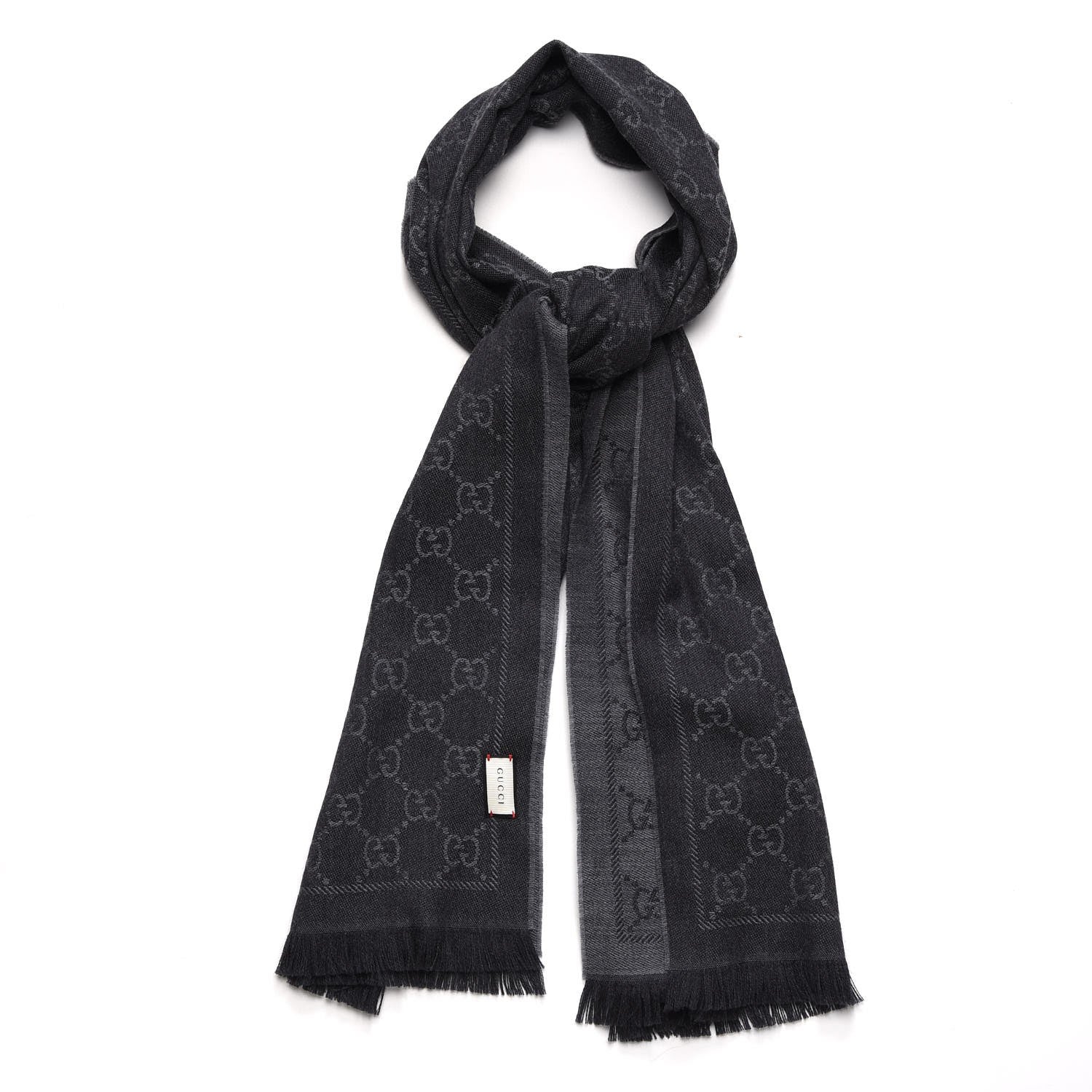Gucci Wool Jacquard GG Monogram Sten Fringe Scarf Anthracite Black 1 of 7