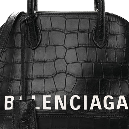 Balenciaga Calfskin Logo Crocodile Embossed S Ville Top Handle Bag Black White 7 of 22