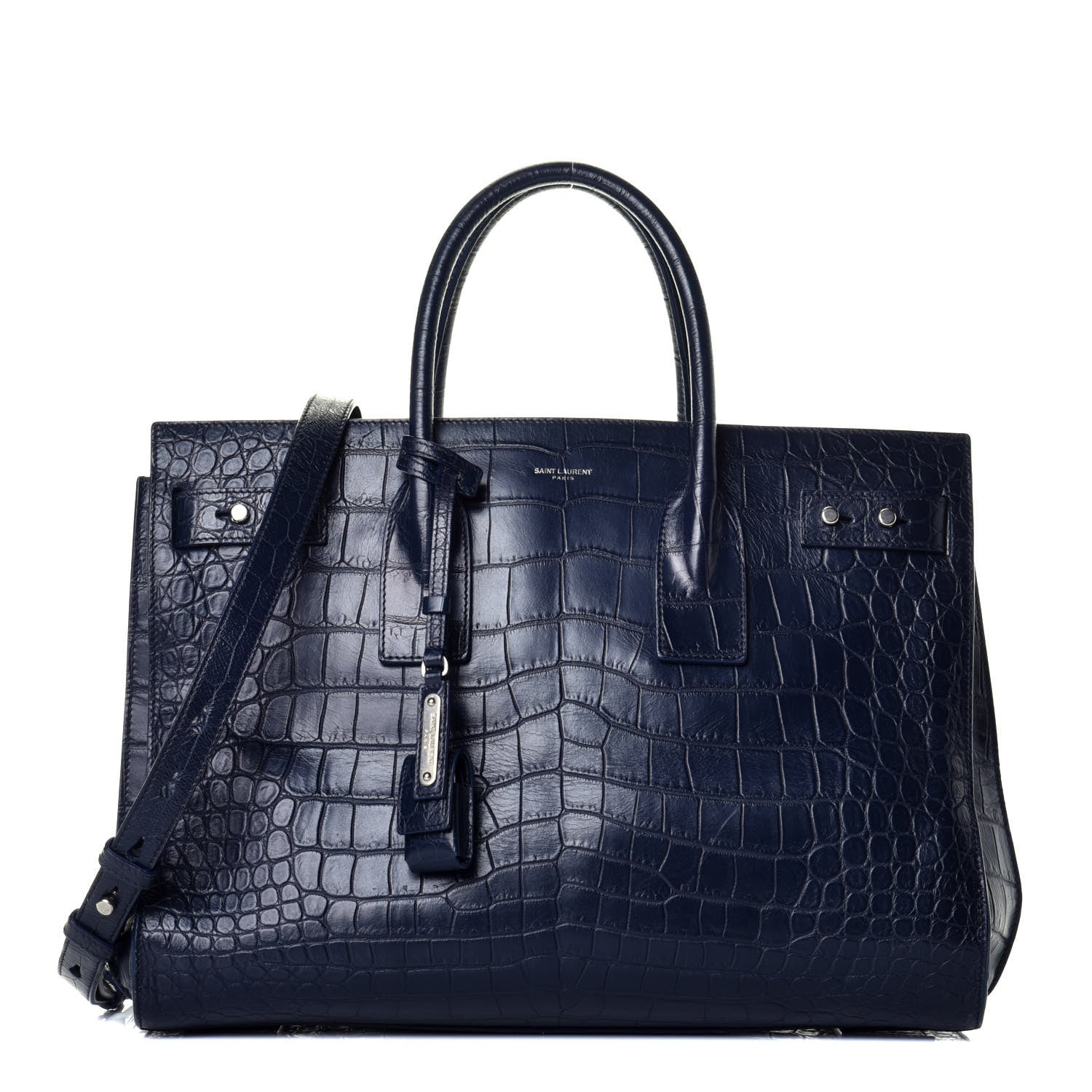 Saint Laurent Calfskin Crocodile Embossed Medium Souple Sac De Jour Navy 1 of 9