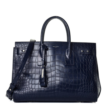 Saint Laurent Calfskin Crocodile Embossed Medium Souple Sac De Jour Navy 1 of 9
