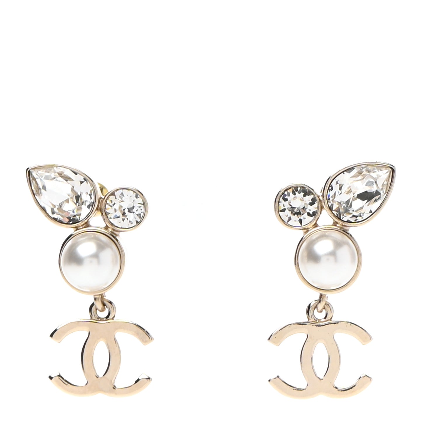 Pearl Crystal CC Drop Earrings Gold