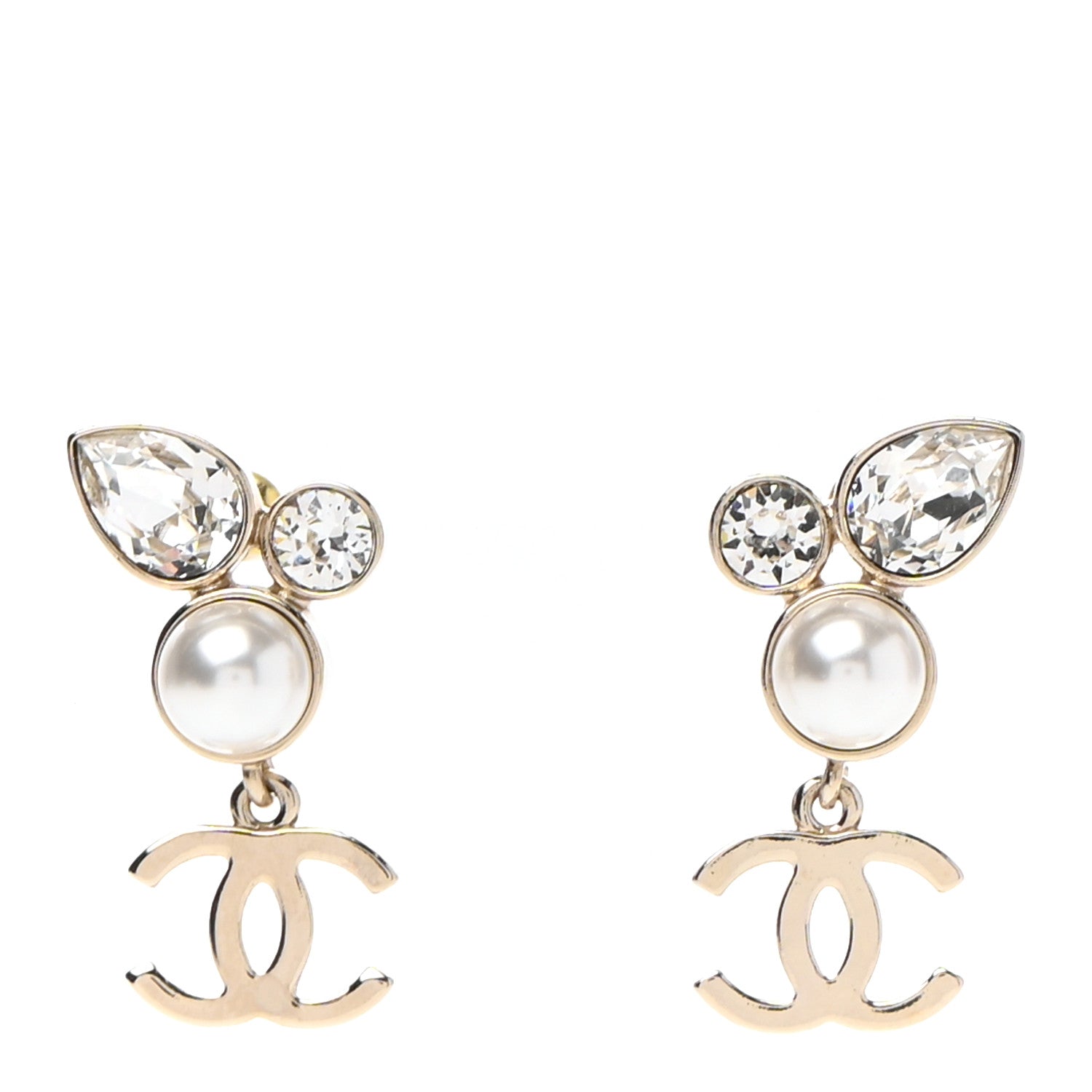 Chanel Pearl Crystal CC Drop Earrings Gold 1 of 4