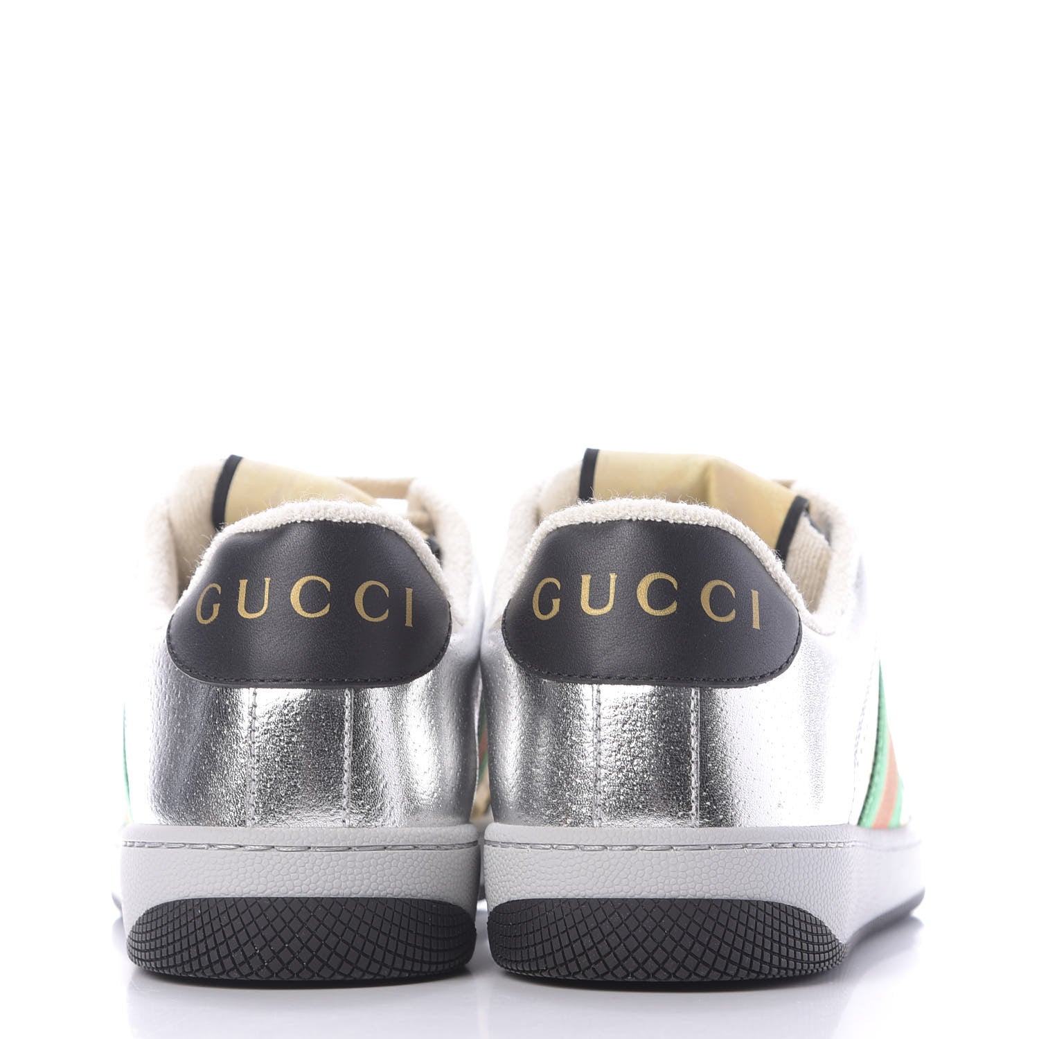 Gucci Metallic Calfskin Web Womens Screener Sneakers 35 Silver Gold Black 5 of 10