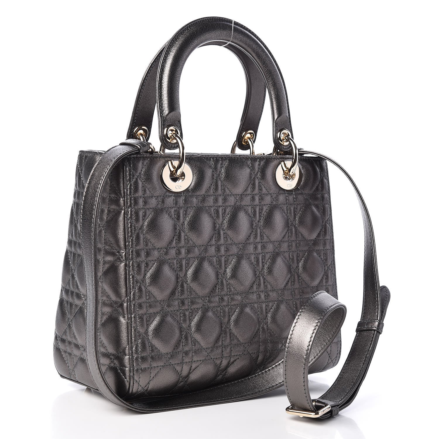 Christian Dior Metallic Lambskin Cannage Medium Lady Dior Gunmetal 3 of 10