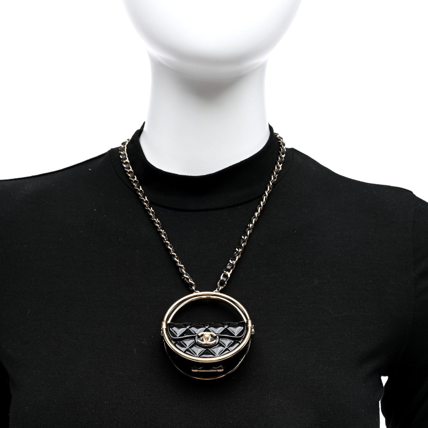 Chanel Metal Resin Quilted Flap Bag Hoop Mirror Necklace Black Gold 2 of 5