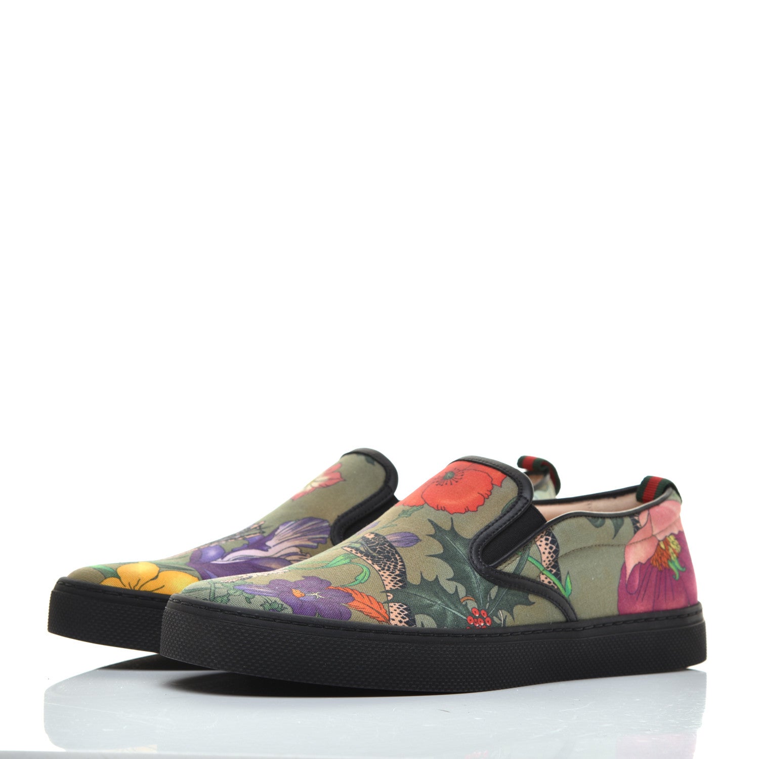 Gucci Canvas Miro Soft Calfskin Web Floral Snake Print Mens Dublin Slip On Sneakers 9.5 Militare Multicolor Black 3 of 11