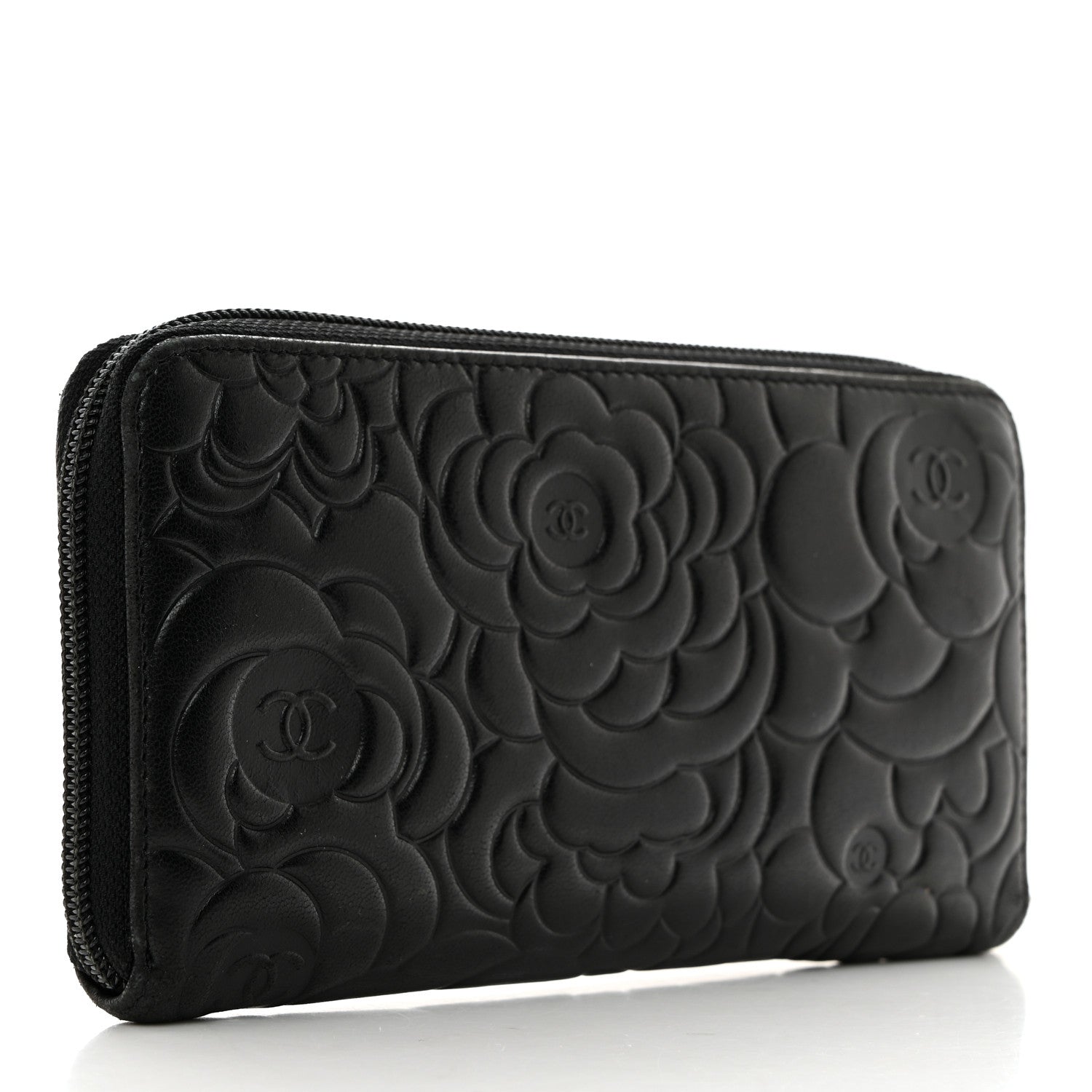 Chanel Lambskin Camellia Embossed Zip Around Gusset Wallet Black 3 of 9