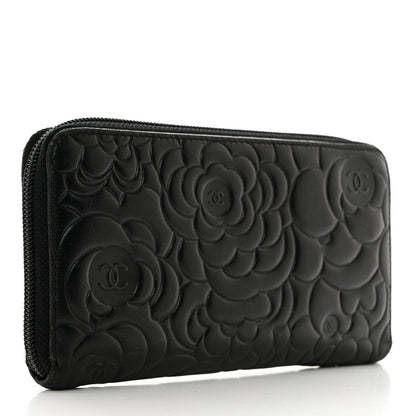 Chanel Lambskin Camellia Embossed Zip Around Gusset Wallet Black 3 of 9