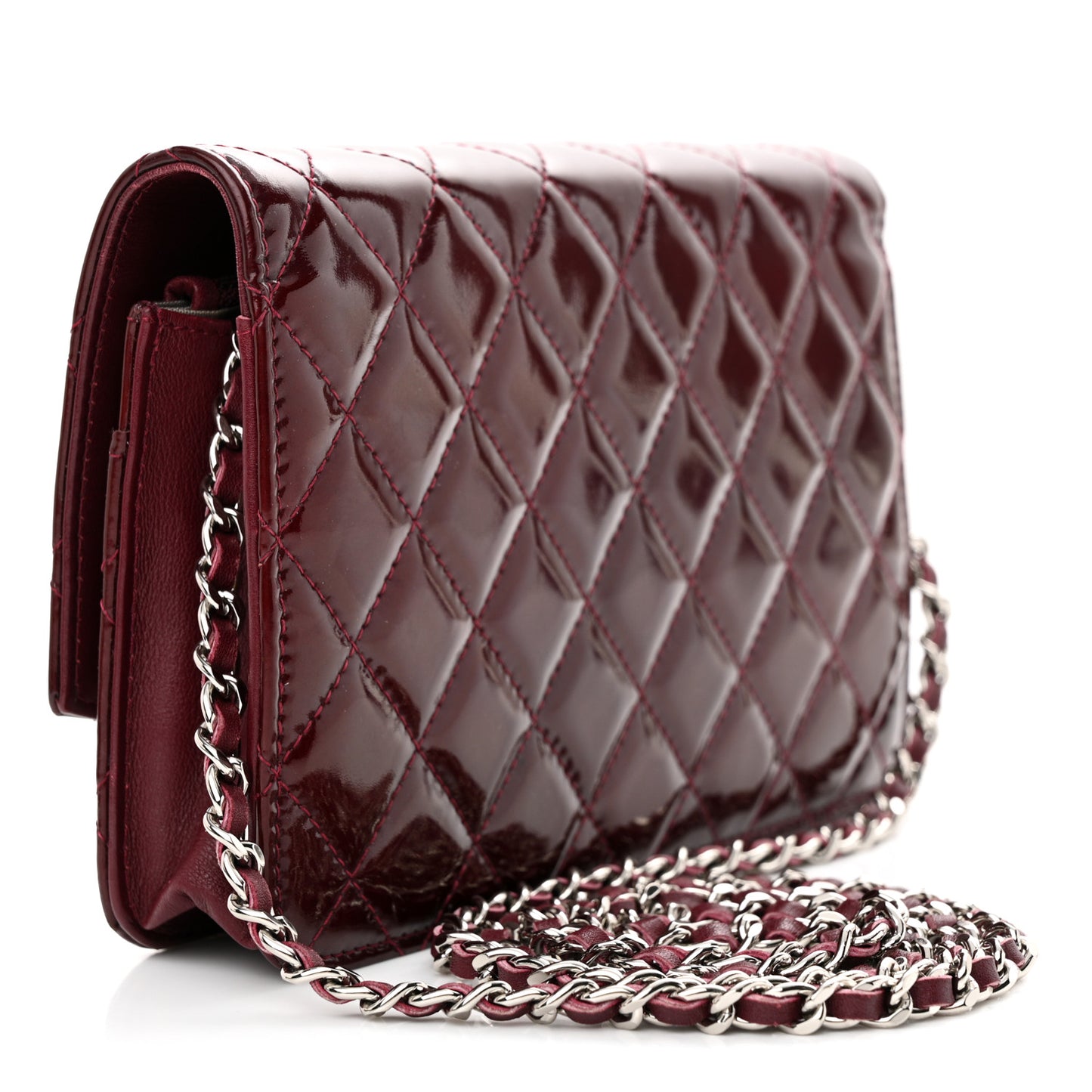 Patent Quilted Brilliant Wallet On Chain WOC Dark Burgundy