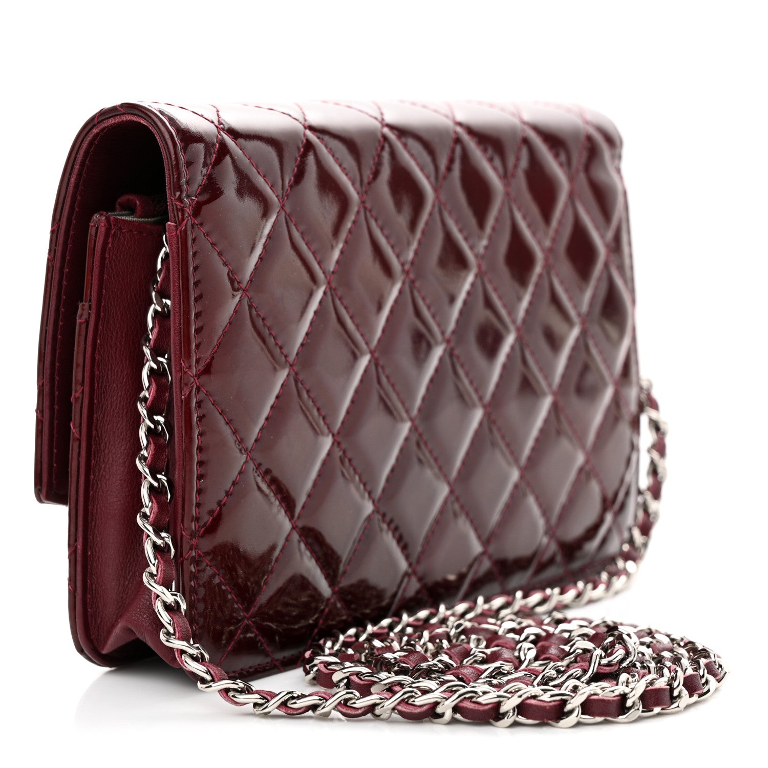 Chanel Patent Quilted Brilliant Wallet On Chain WOC Dark Burgundy 3 of 14