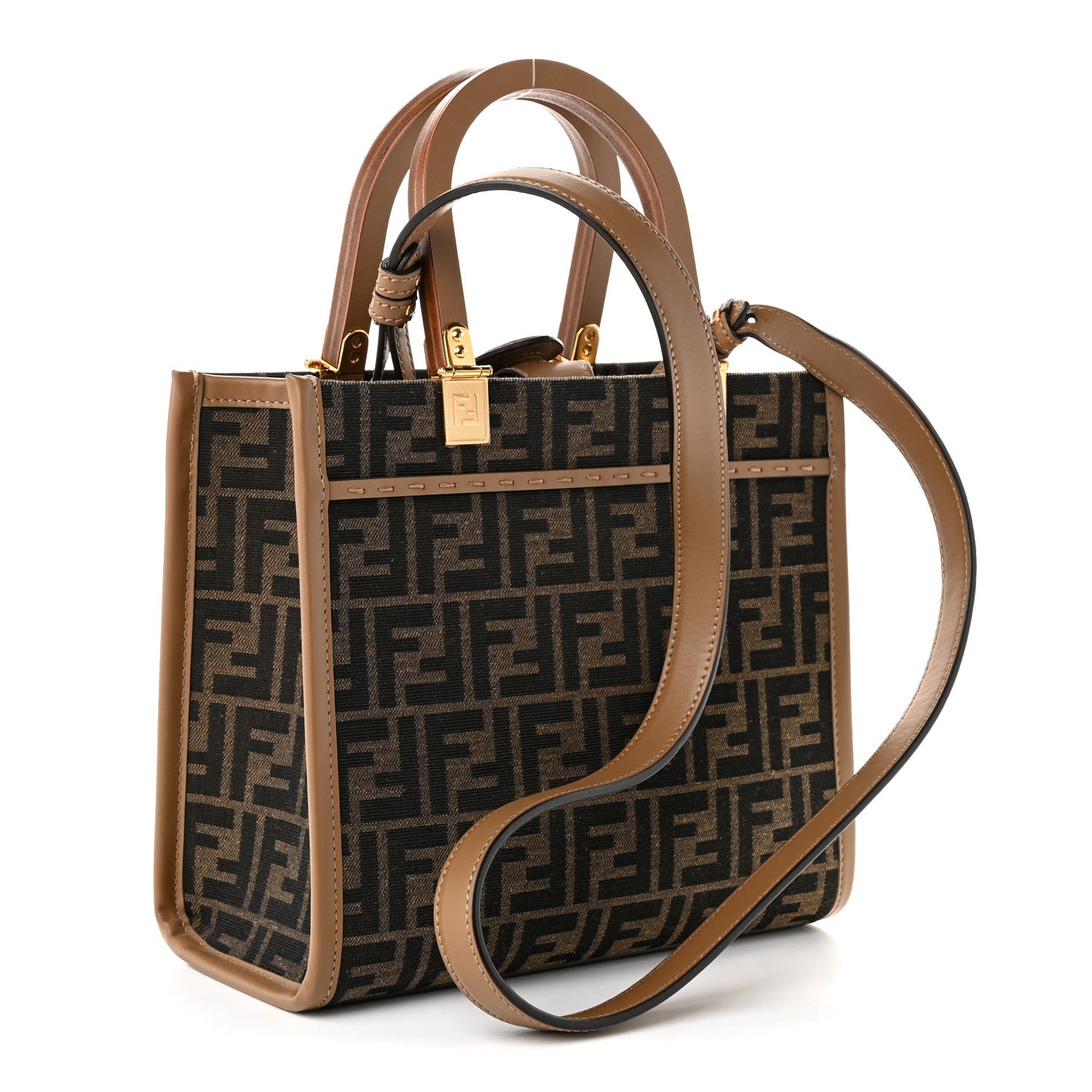 Fendi Fabric Jacquard FF 1974 Logo Small Fendi Sunshine Shopper Tote Tobacco Moro Sand 3 of 9