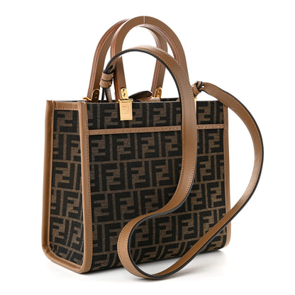 Fendi Fabric Jacquard FF 1974 Logo Small Fendi Sunshine Shopper Tote Tobacco Moro Sand 3 of 9