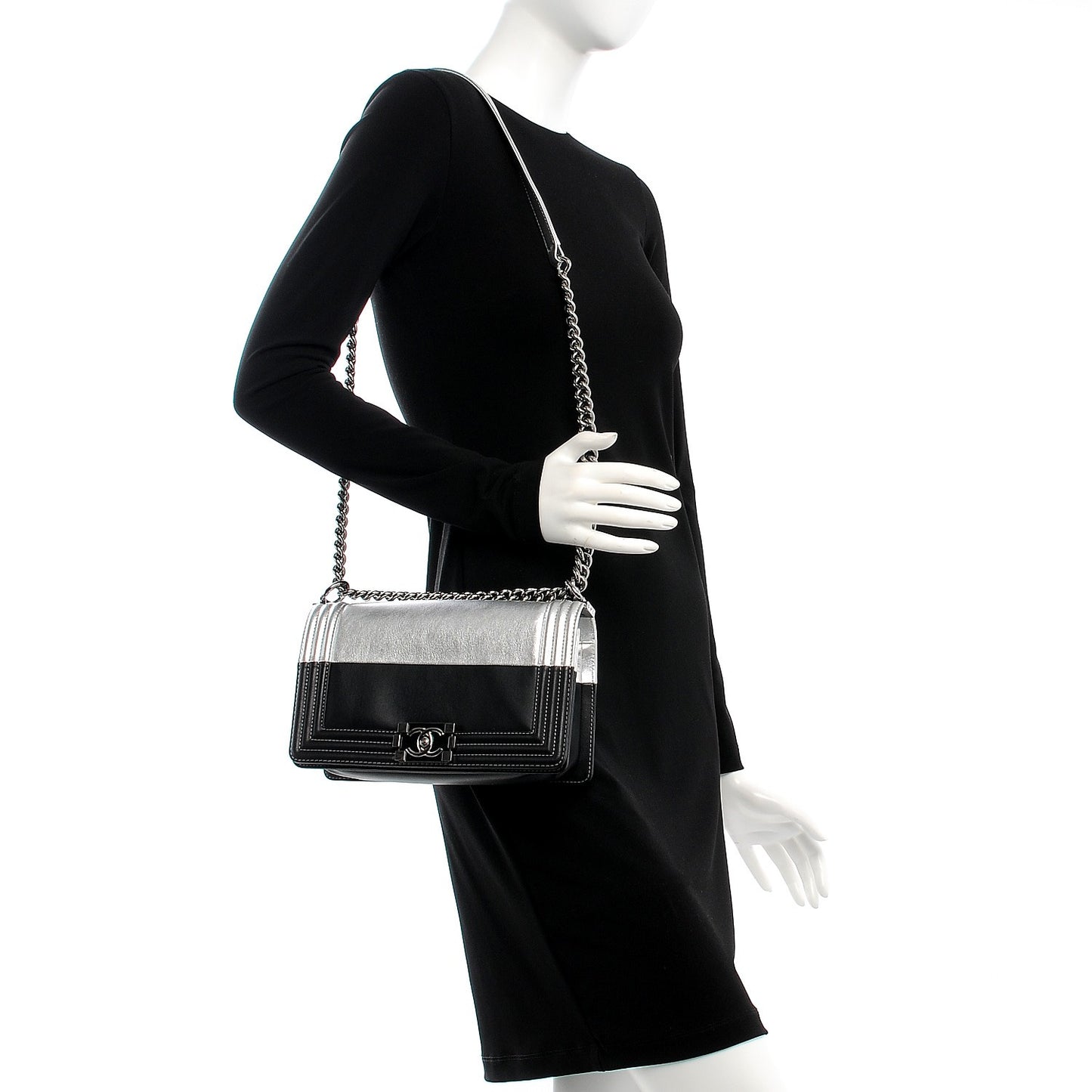 Metallic Goatskin Calfskin Medium Boy Flap Silver Black