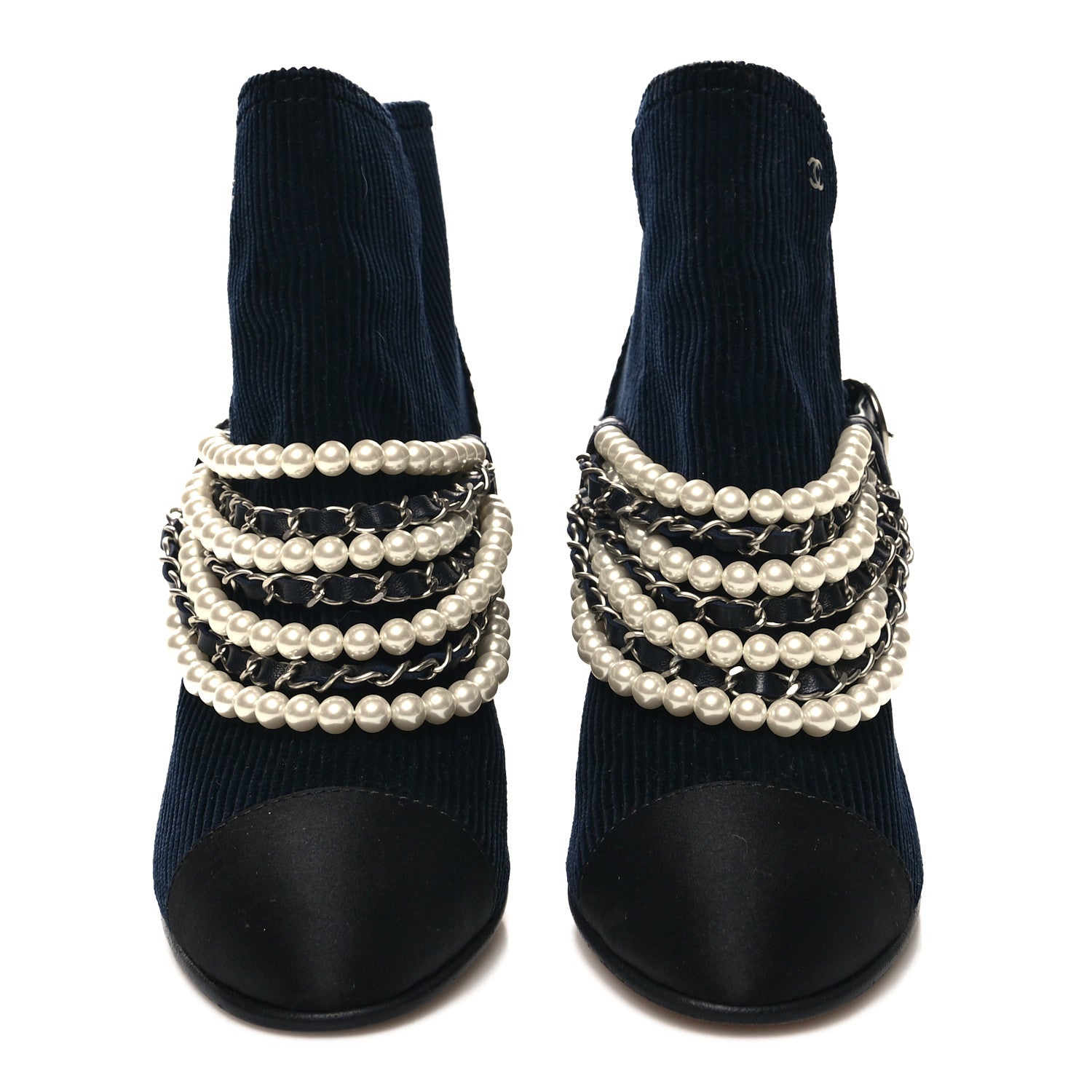 Chanel Velvet Satin Cap Cap Toe Short Boots 36 Navy Black 2 of 7
