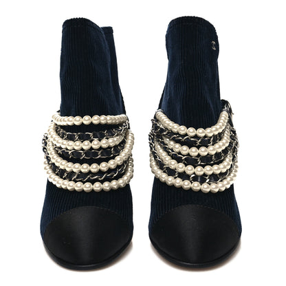 Chanel Velvet Satin Cap Cap Toe Short Boots 36 Navy Black 2 of 7