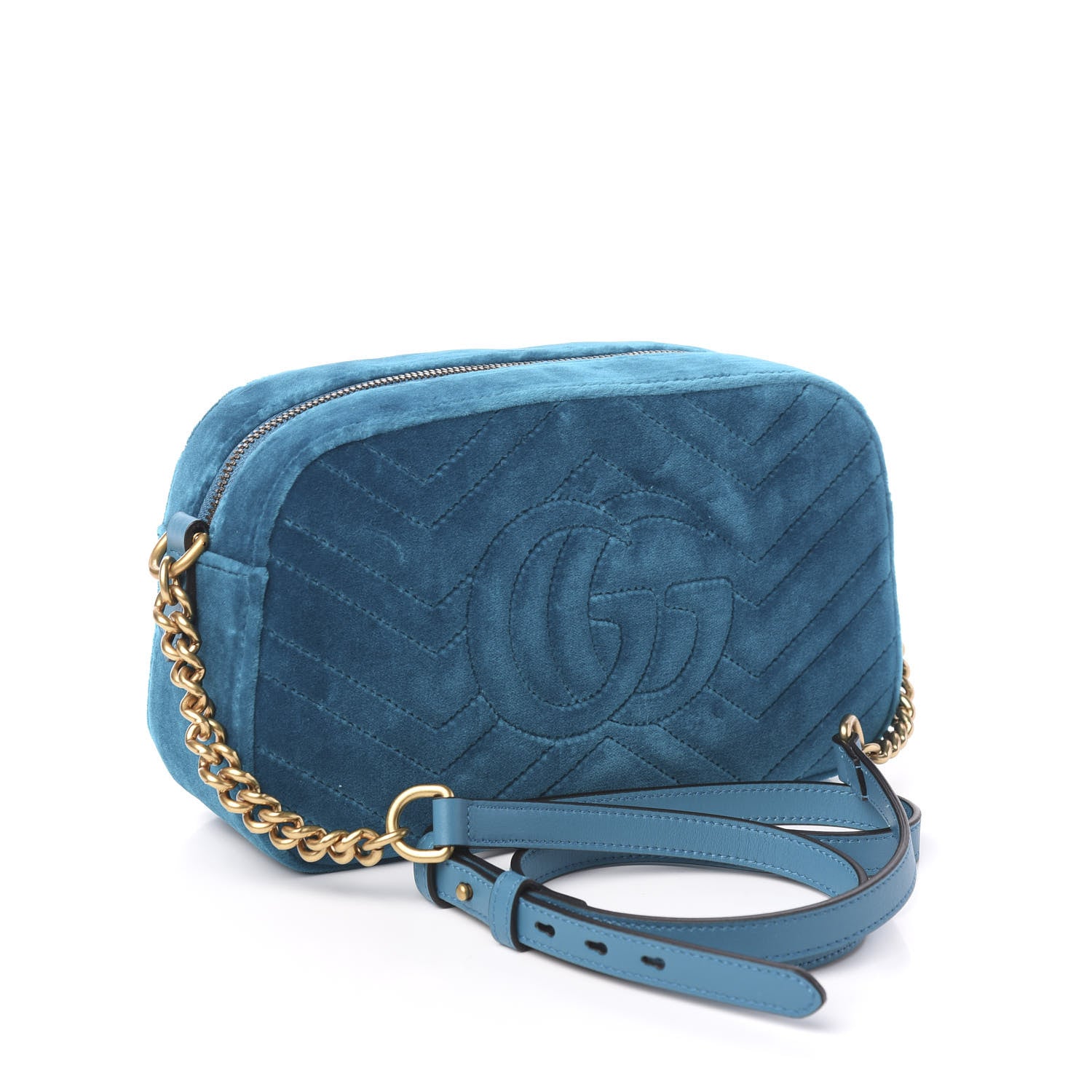 Gucci Velvet Matelasse Small GG Marmont Chain Shoulder Bag Pavone Cyan 2 of 9