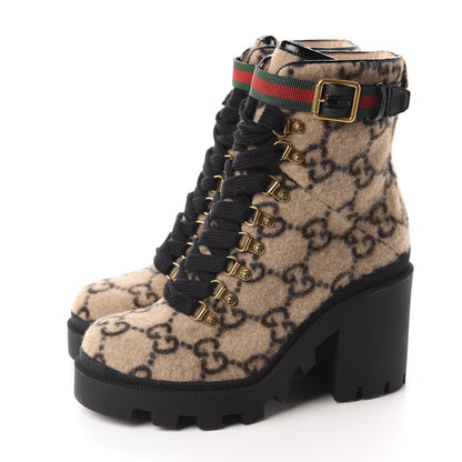 Gucci Covered Wool GG Monogram Womens Lace Up Combat Ankle Boots 37 Beige Ebony Black 3 of 9