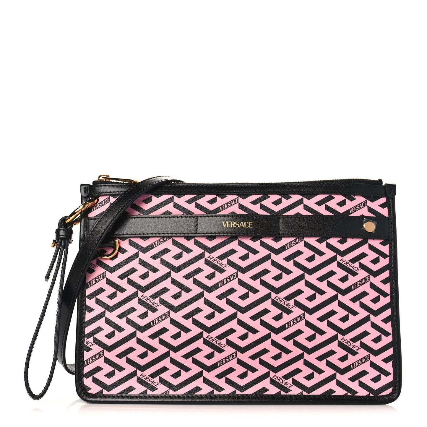 Coated Canvas Large La Greca Signature Pouch Black Pink