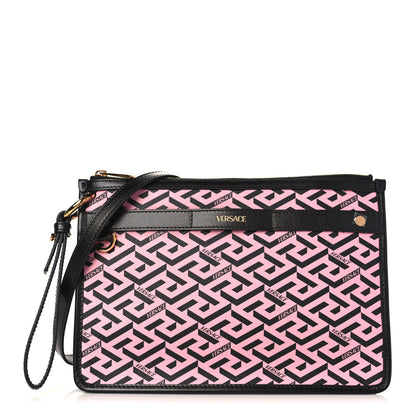 Versace Coated Canvas Large La Greca Signature Pouch Black Pink 1 of 8
