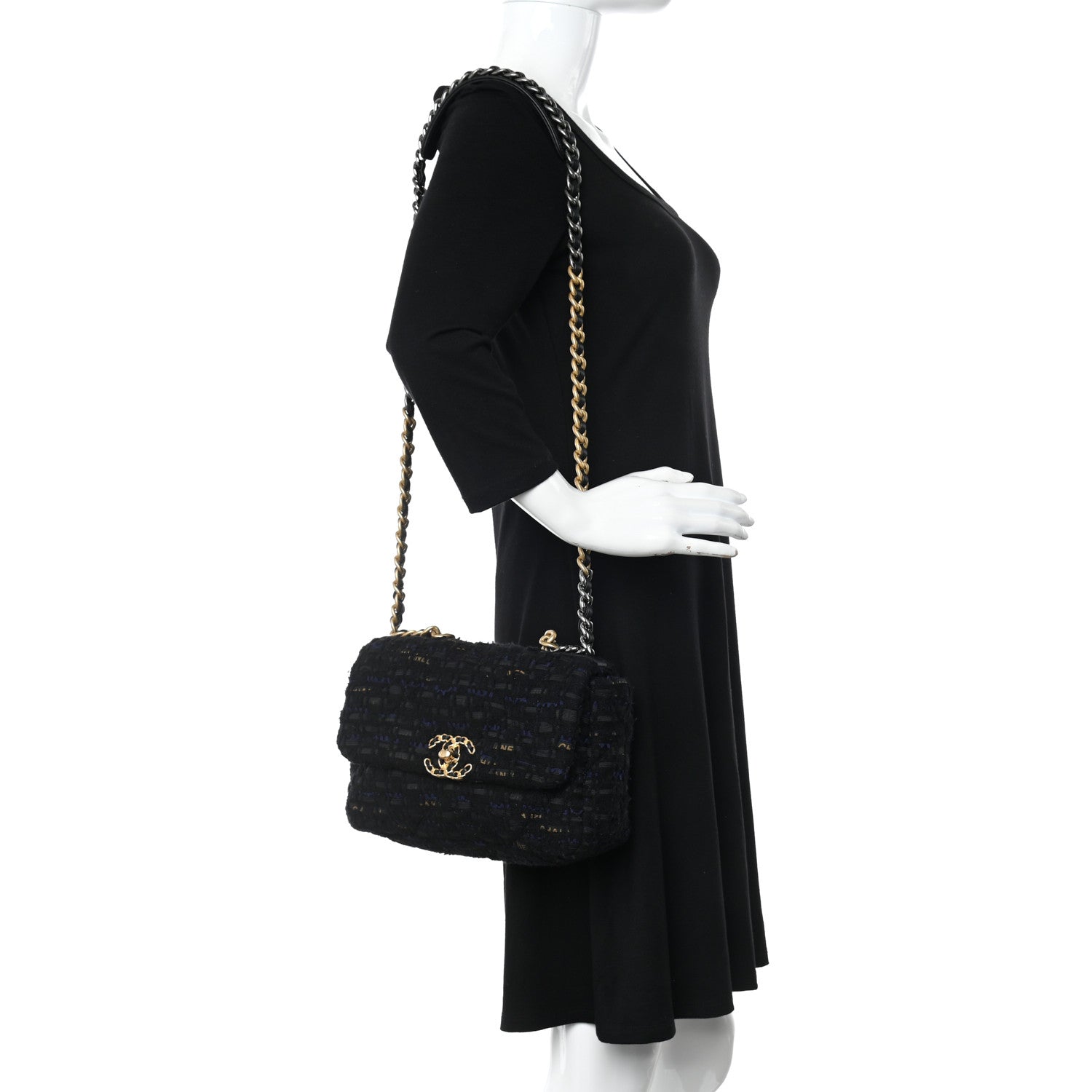 Chanel Tweed Quilted Medium Chanel 19 Flap Black Navy Gold 2 of 11