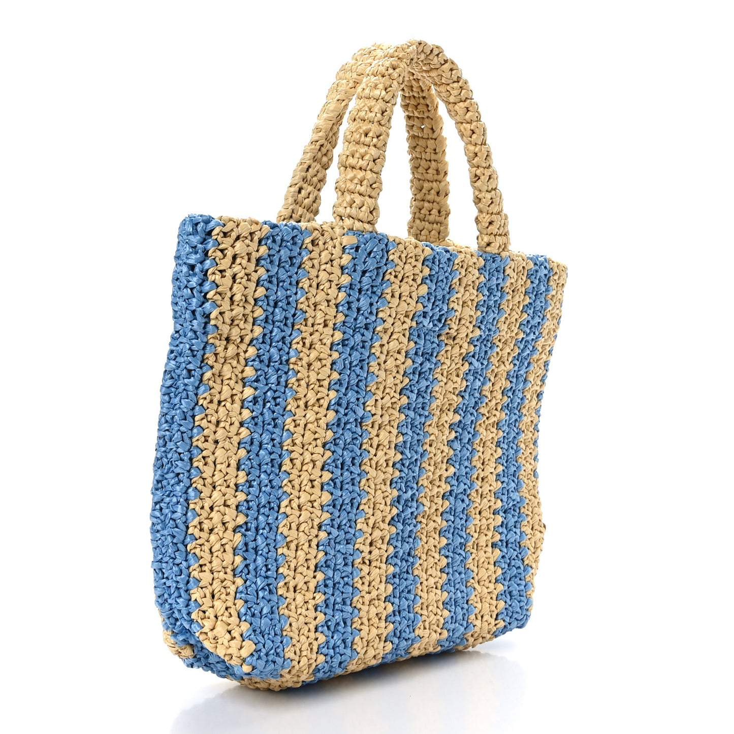 Yarn Raffia Effect Crochet Striped Small Logo Tote Naturale Celeste