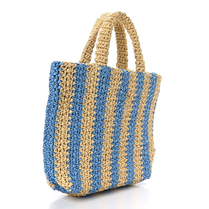 Prada Yarn Raffia Effect Crochet Striped Small Logo Tote Naturale Celeste 3 of 8