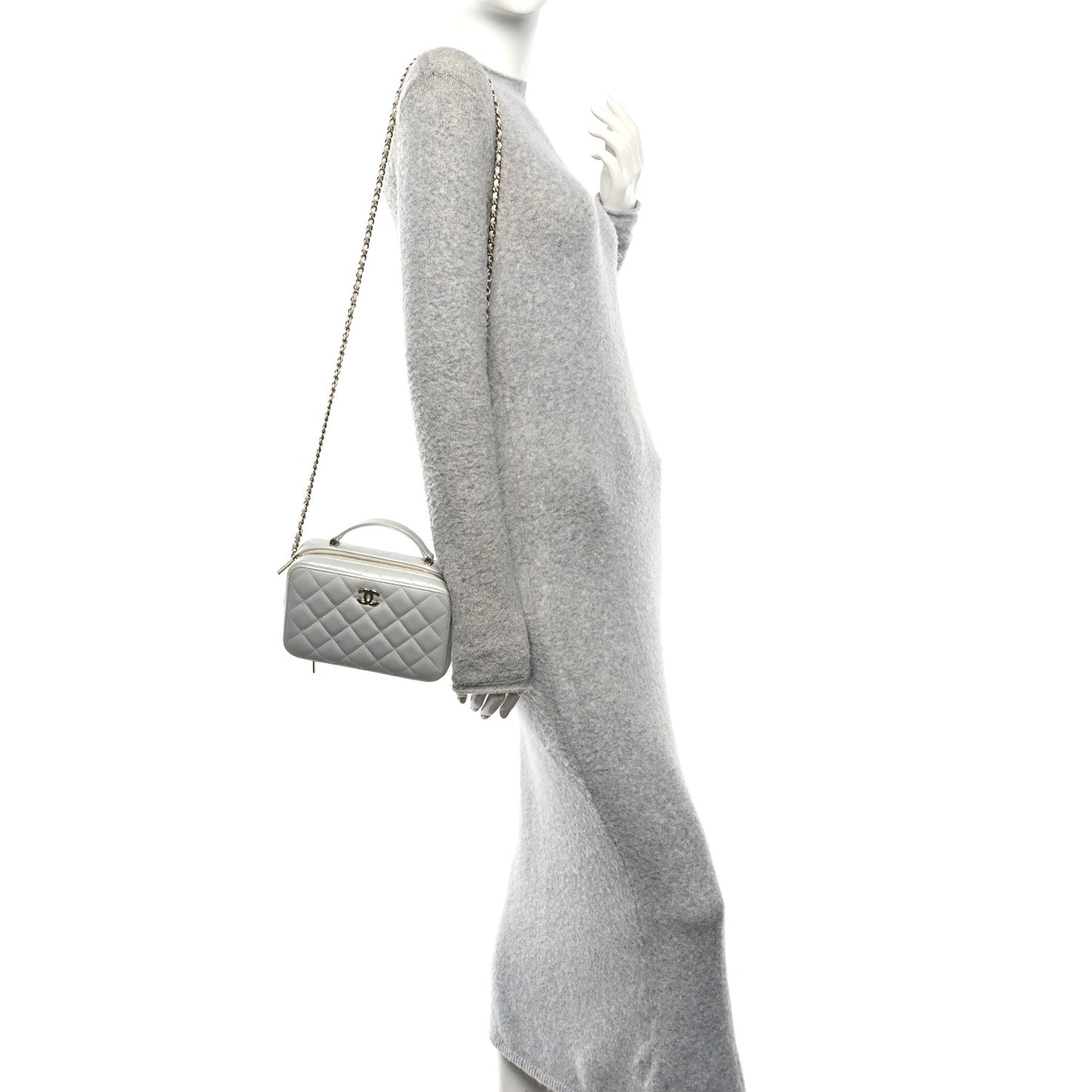 Metallic Lambskin Quilted Top Handle Vanity Case Silver