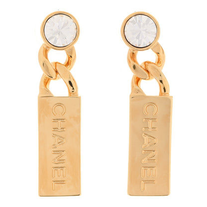 Chanel Crystal Tag Drop Earrings Gold 1 of 5