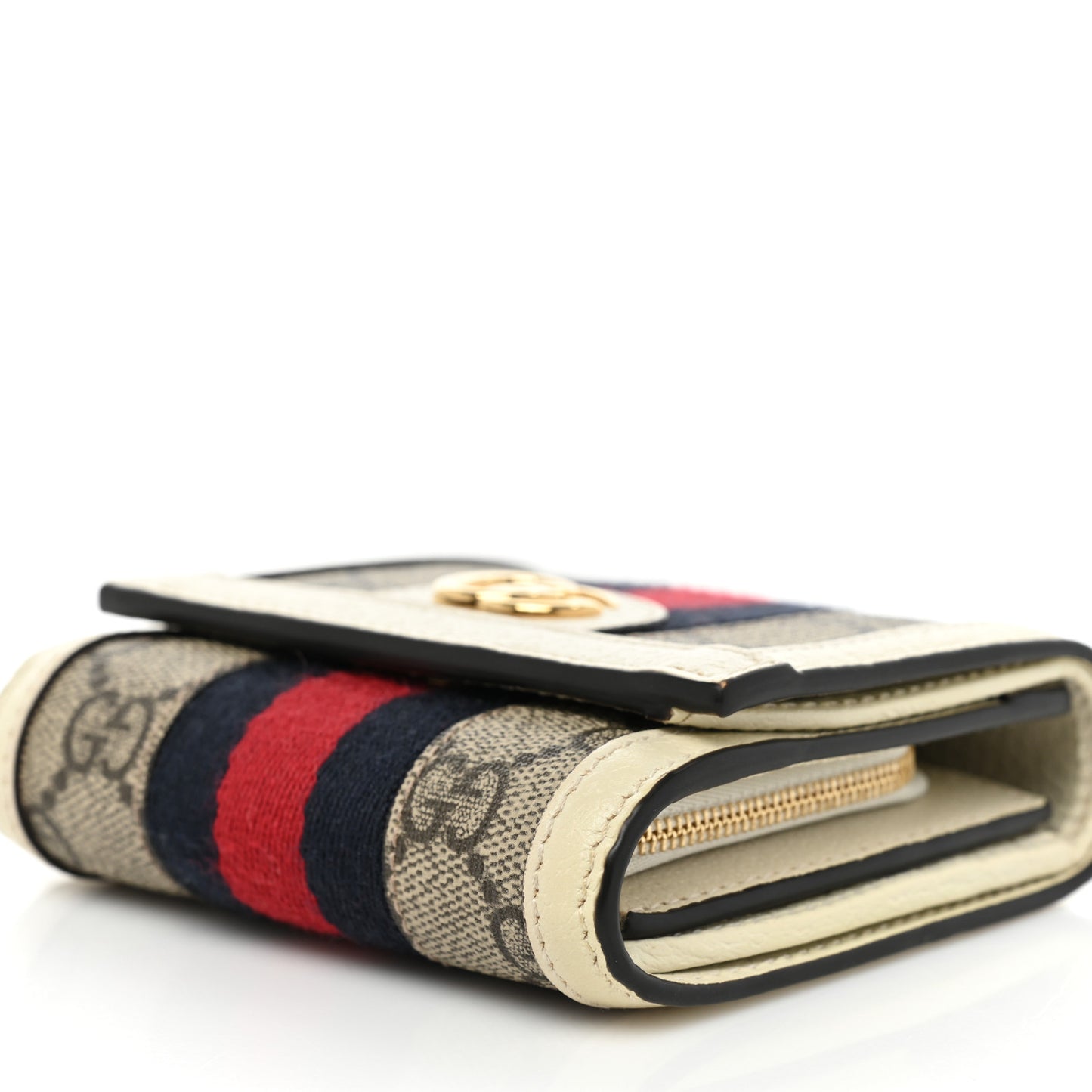 GG Supreme Monogram Textured Calfskin Web Ophidia Card Case Wallet Beige Ebony Mystic White
