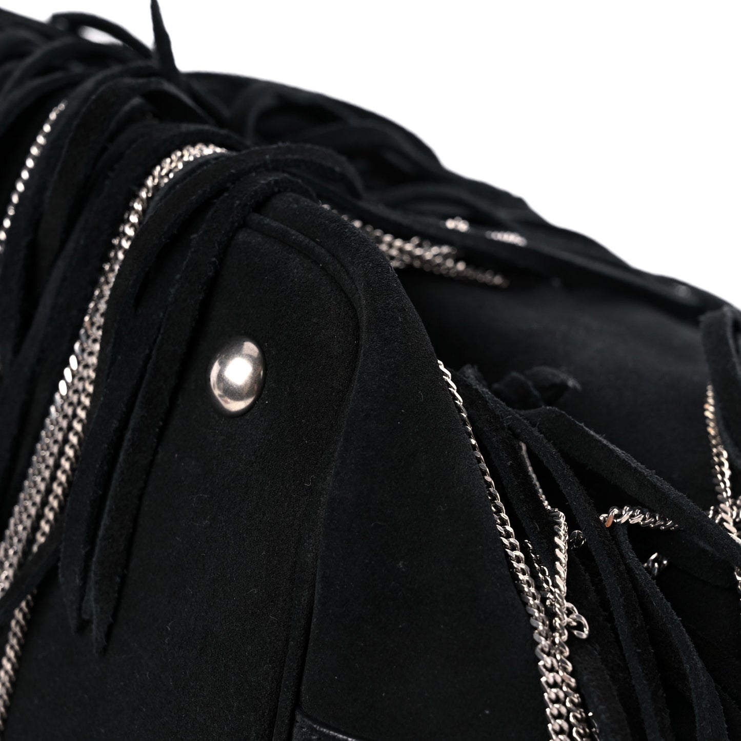 Suede Calfskin Medium Emmanuelle Chain Fringe Bucket Bag Black