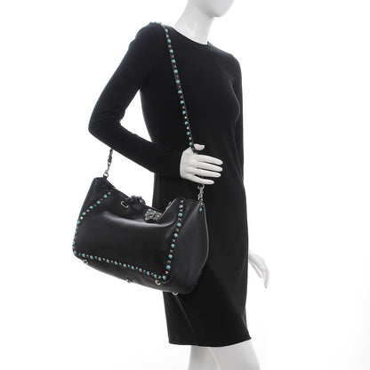Valentino Garavani Grained Calfskin Turquoise Medium Rockstud Rolling Tote Black 2 of 13
