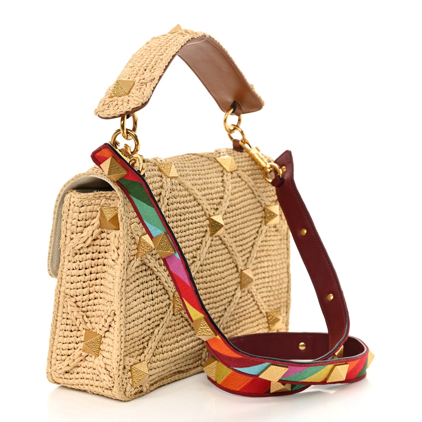 Raffia Large Roman Stud Shoulder Bag Naturale Multicolor