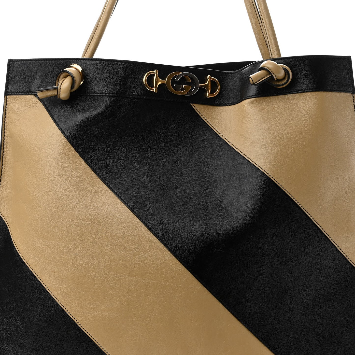 Smooth Calfskin Diagonal Striped Zumi Tote Black Beige