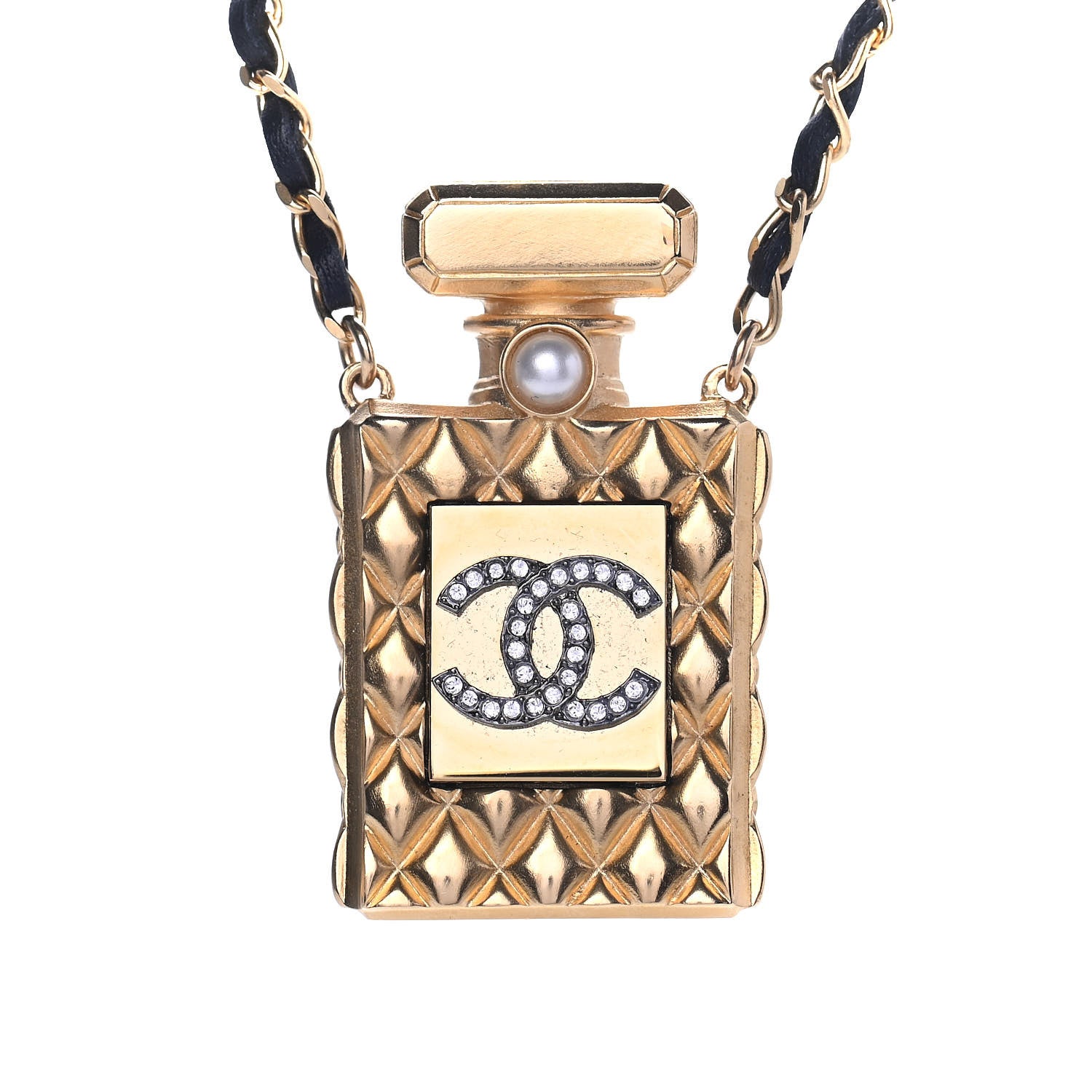 Chanel Crystal Pearl Perfume Bottle CC Necklace Black Gold 3 of 4