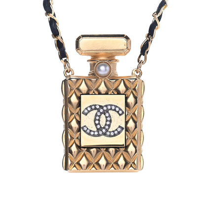 Chanel Crystal Pearl Perfume Bottle CC Necklace Black Gold 3 of 4