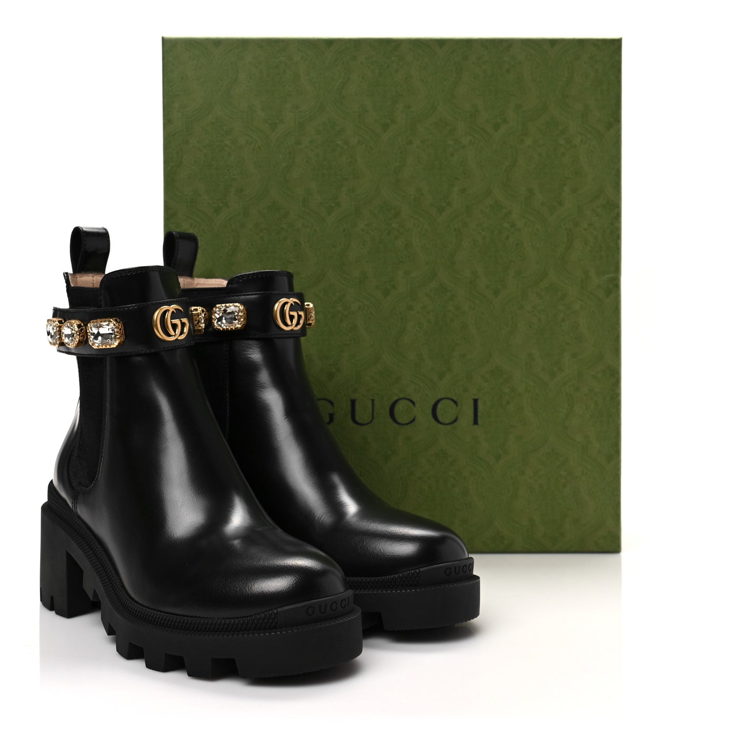 Calfskin Crystal GG Trip Chelsea Ankle Boots 35 Black