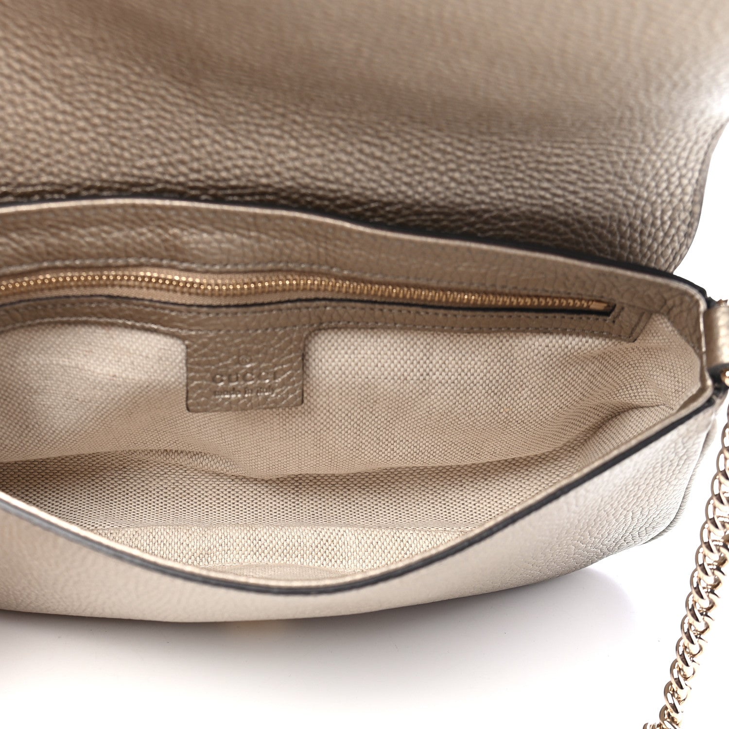 Gucci Metallic Pebbled Calfskin Medium Soho Flap Crossbody Golden Beige 4 of 8