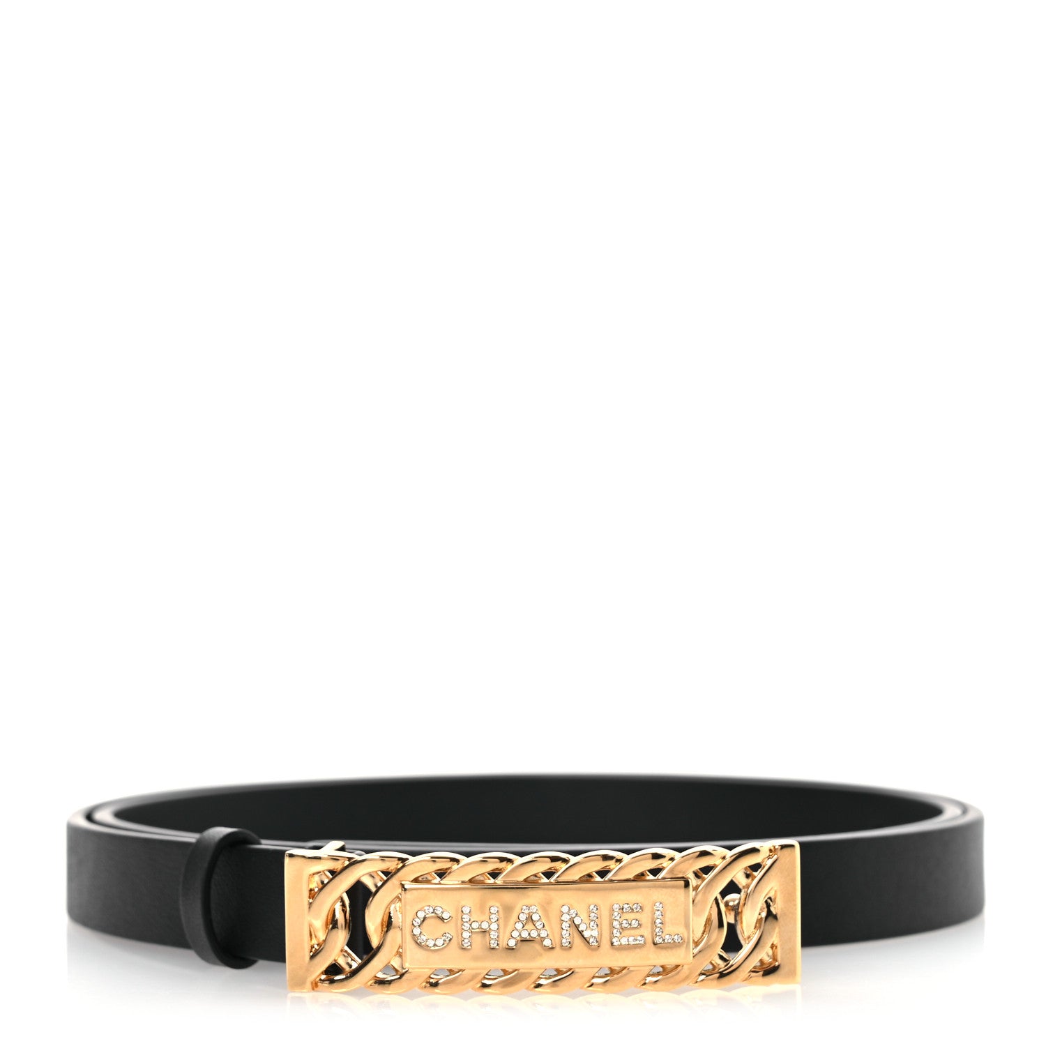 Chanel Calfskin Crystal Chain Logo Belt 85 34 Black 1 of 7