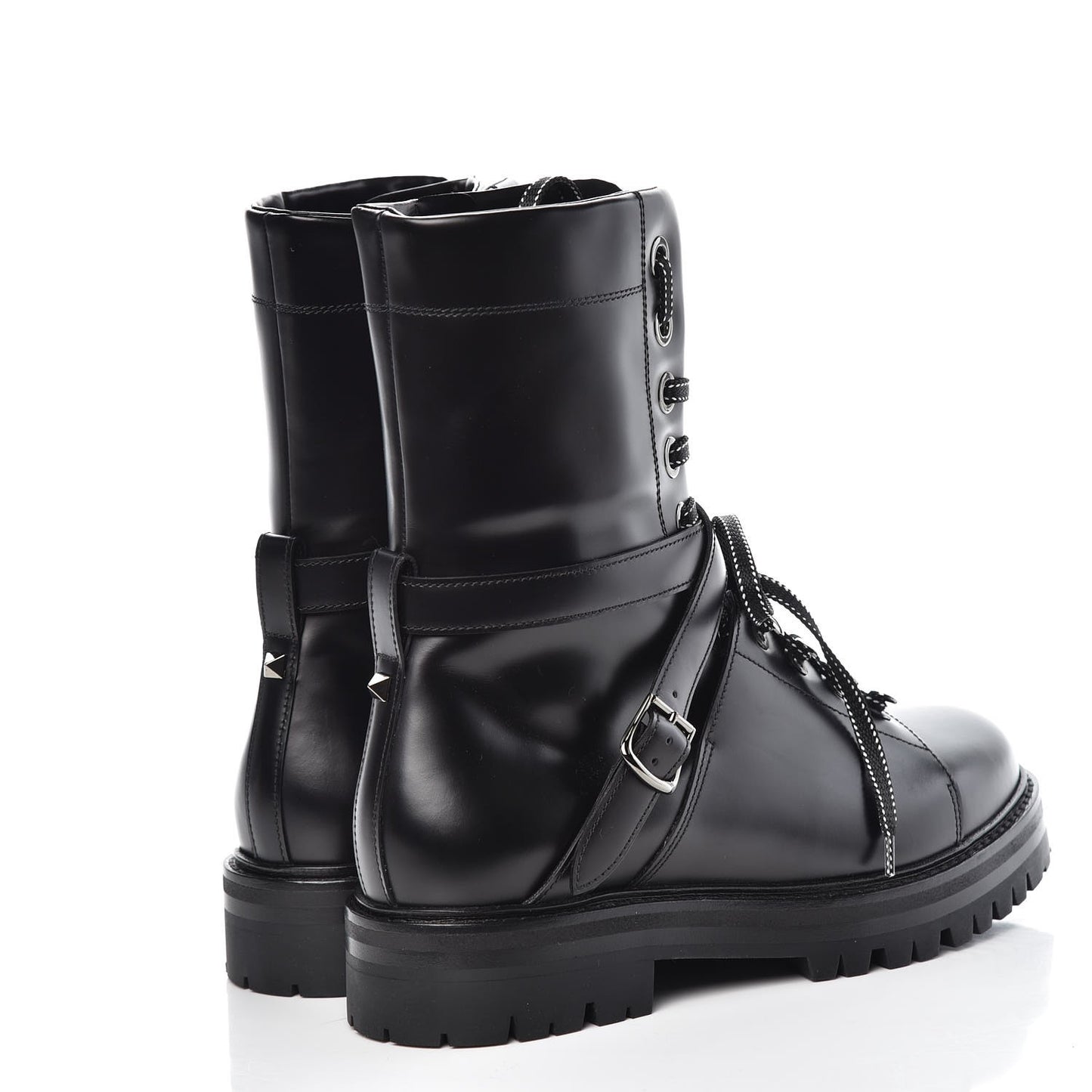 Smooth Calfskin Rockstud Buckled 25mm Combat Boots 38.5 Black
