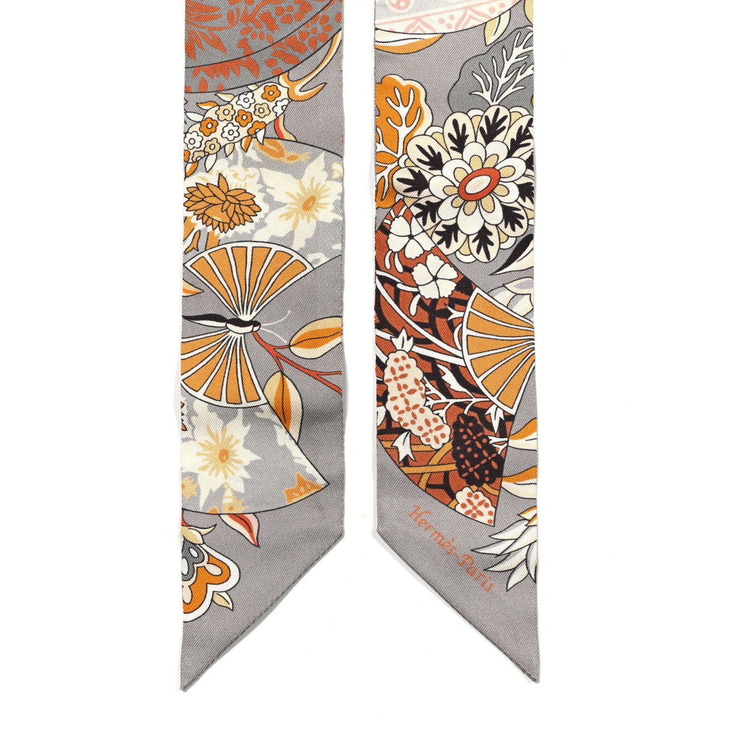 Hermes Silk Fleurs et Papillons de Tissus Twilly Gris Perle Brun Or 2 of 5