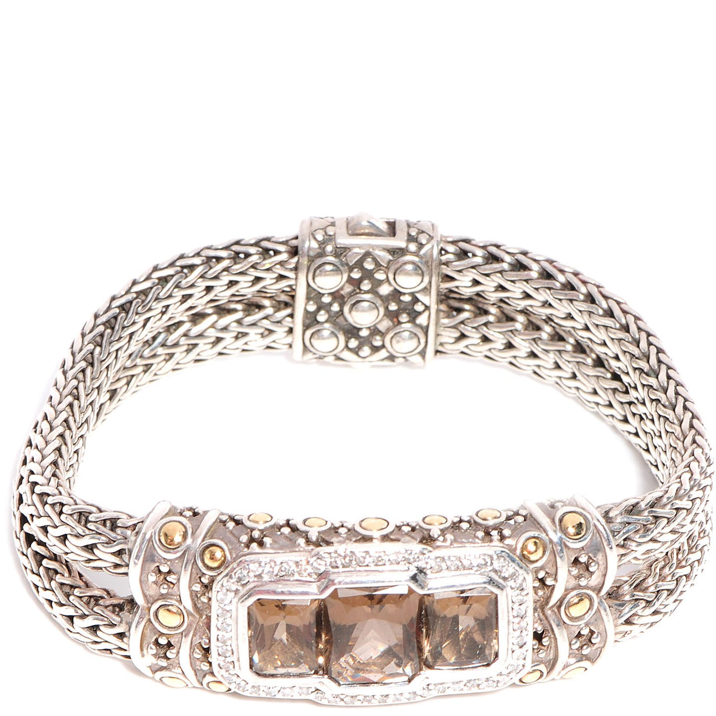 Sterling Silver 18K Gold Smoky Quartz Diamond Batu Sari Large Station Bracelet