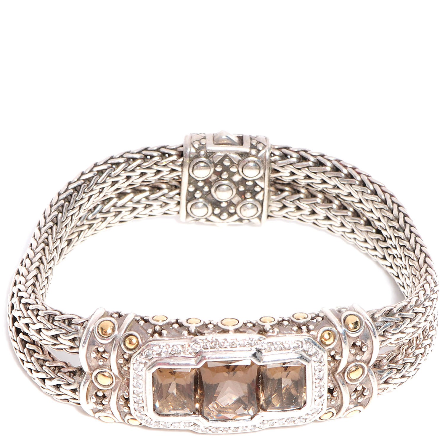 John Hardy Sterling Silver 18K Gold Smoky Quartz Diamond Batu Sari Large Station Bracelet 1 of 7