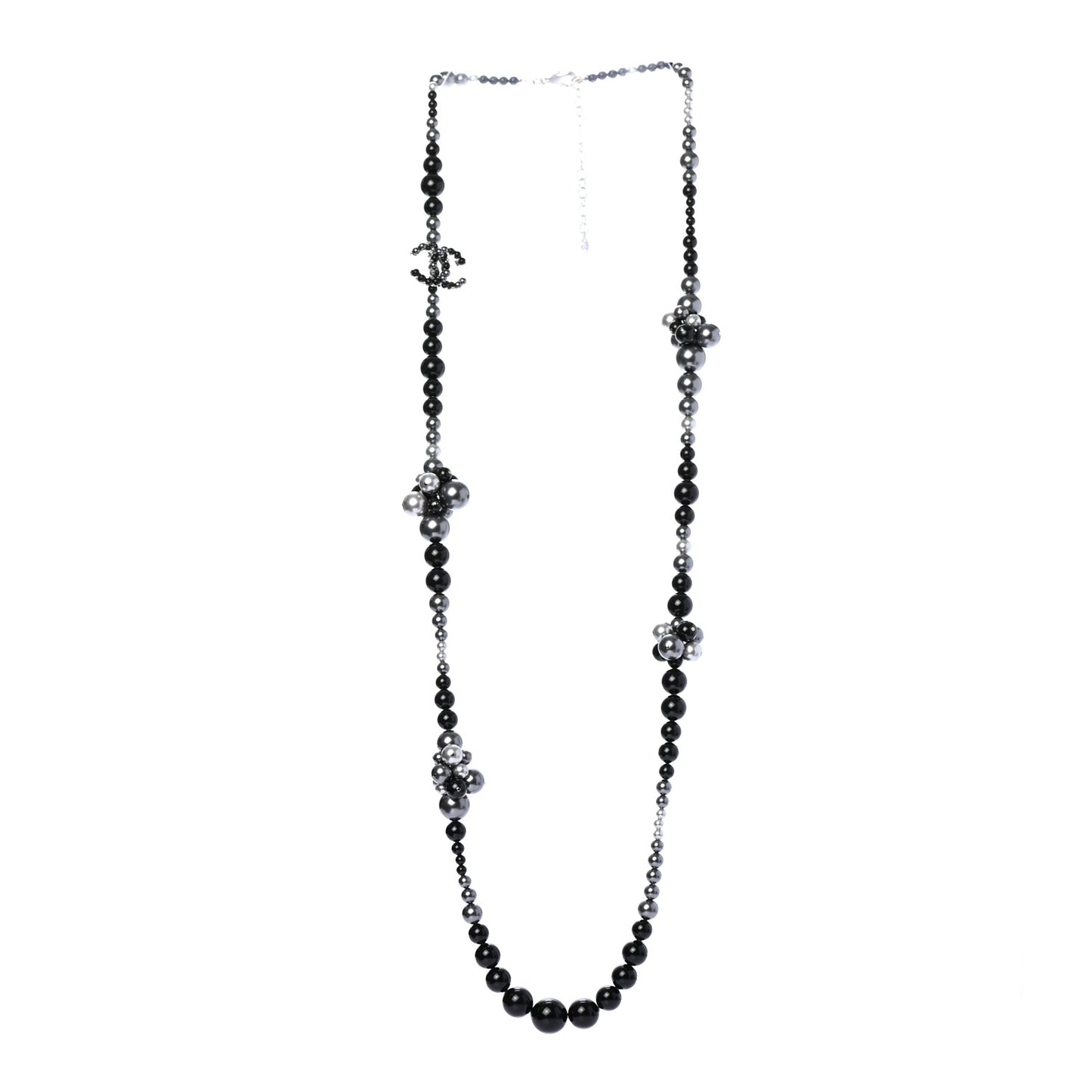 Pearl Beaded CC Long Necklace Black Grey