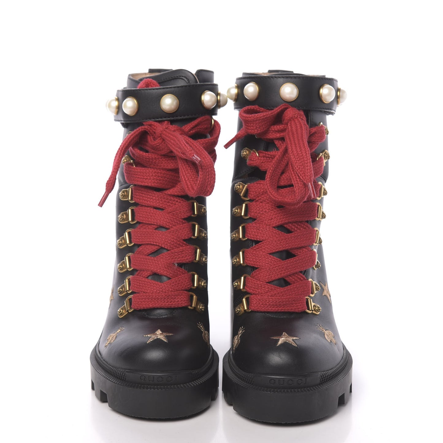 Calfskin Embroidered Lace Up Combat Ankle Boots 36 Black