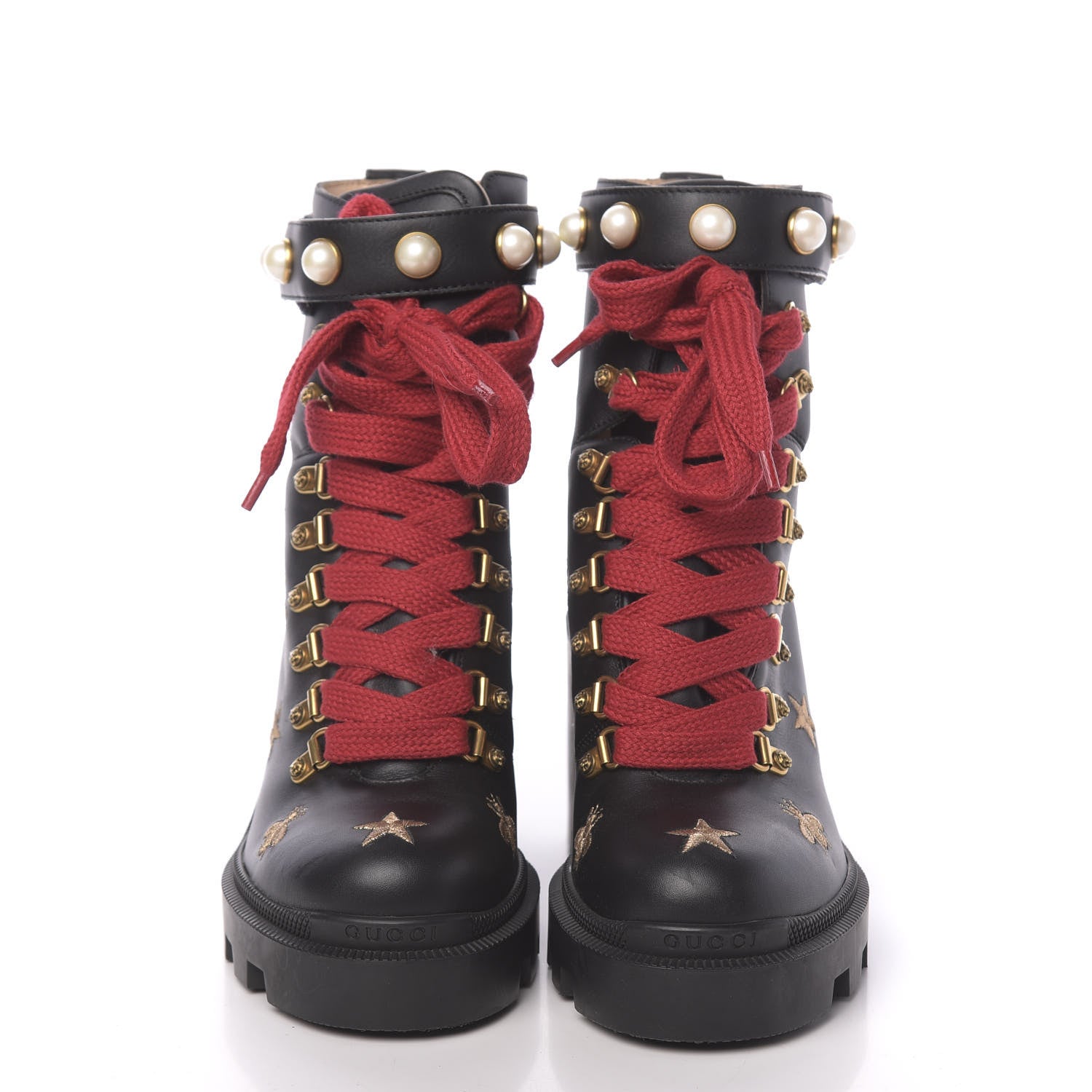 Gucci Calfskin Embroidered Lace Up Combat Ankle Boots 36 Black 2 of 10